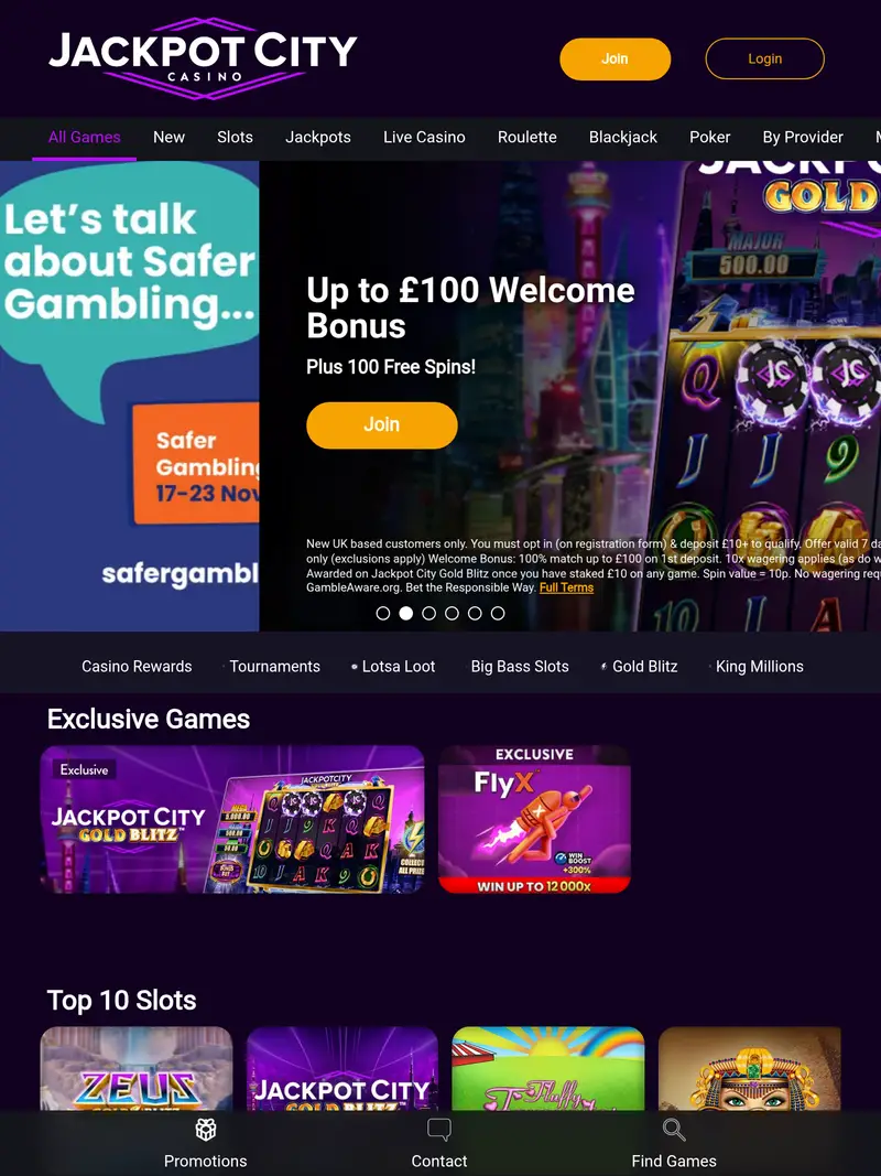 Jackpot City - homepage (tablet)