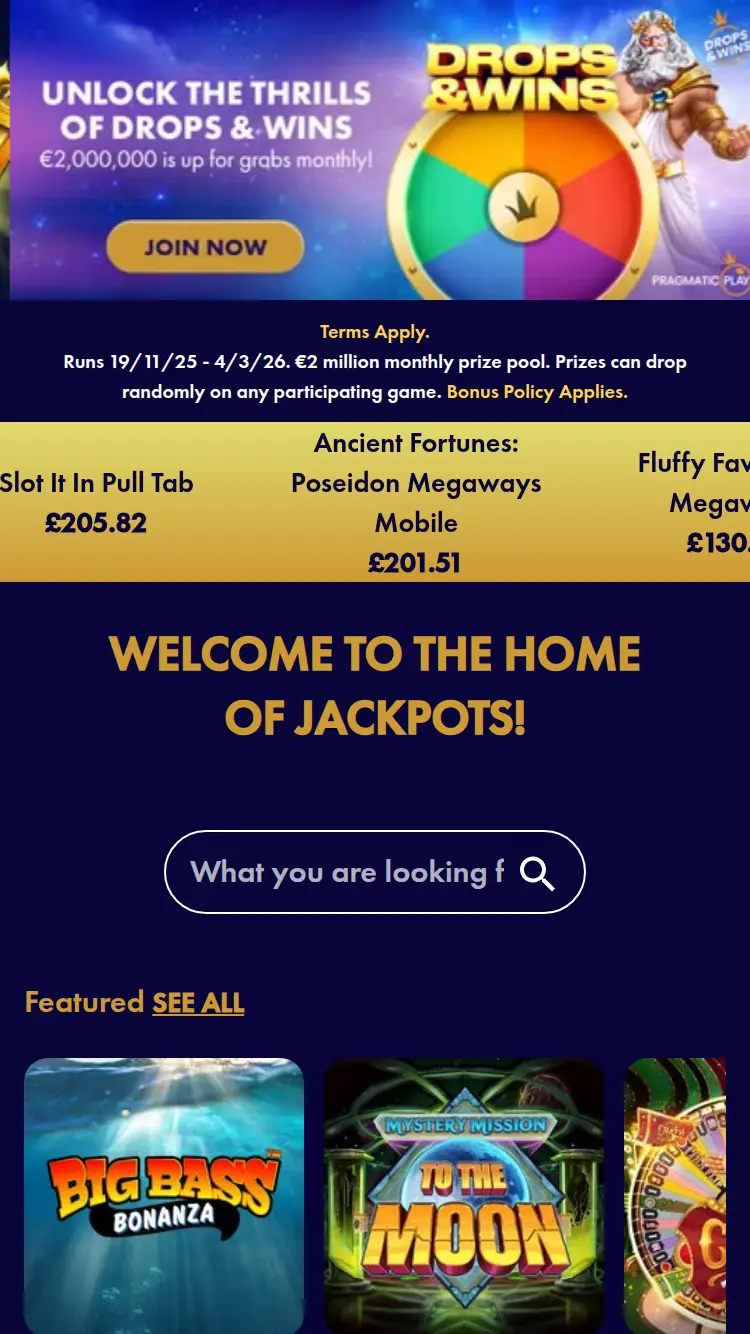 Jackpot Star - homepage (mobile)