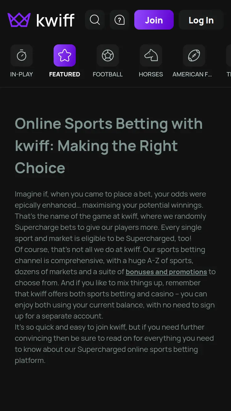 Kwiff - homepage (mobile)