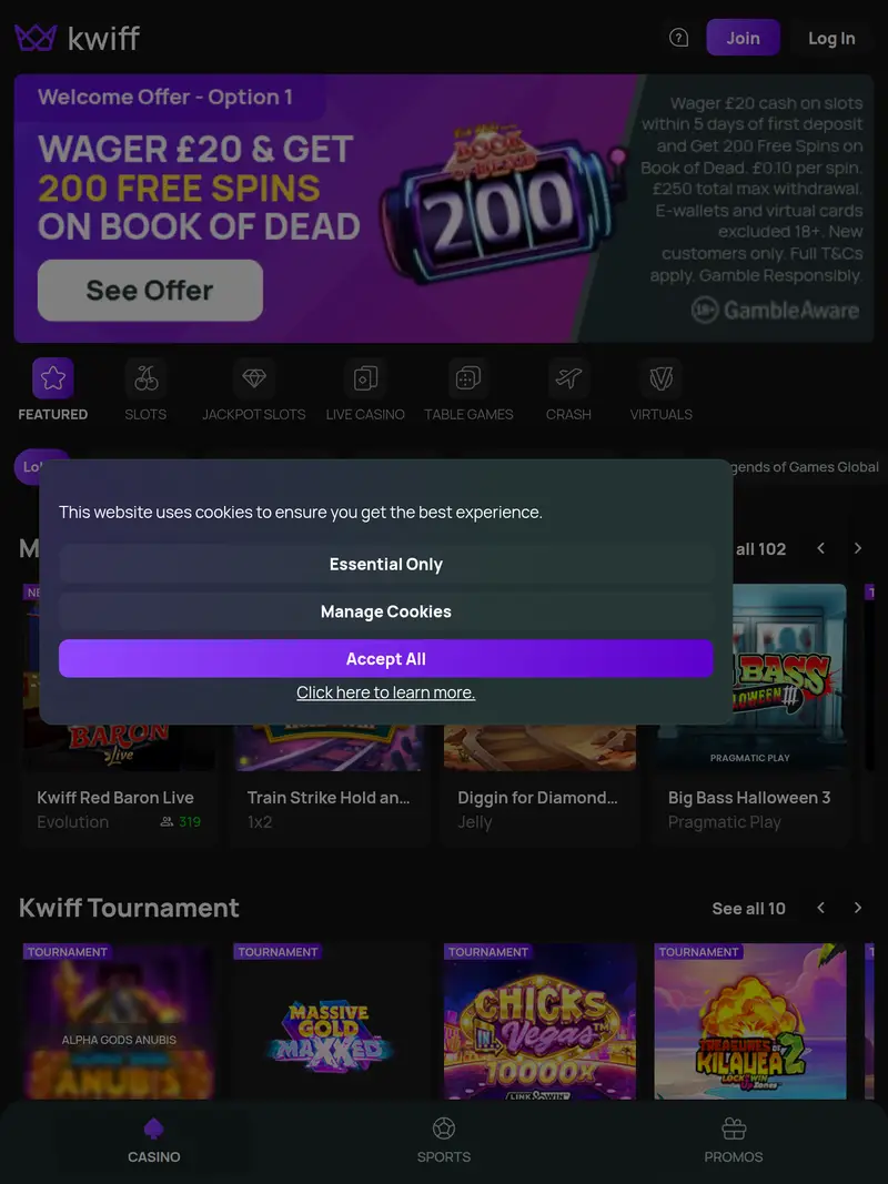 Kwiff Casino - homepage (tablet)