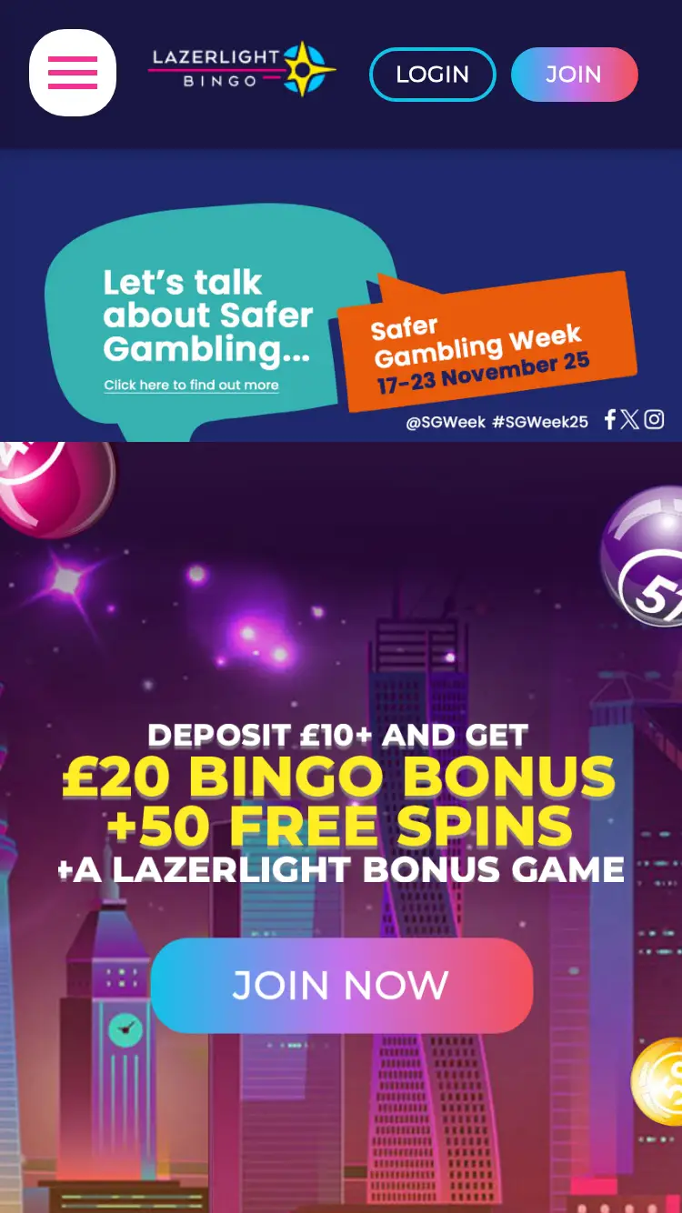 Lazerlight Bingo - homepage (mobile)