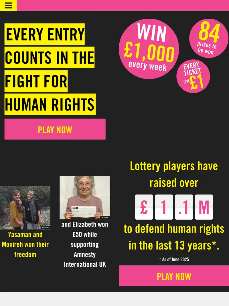 Amnesty Lottery - homepage (tablet)
