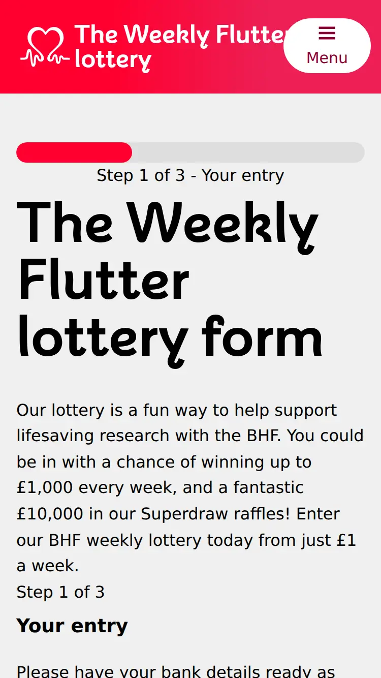 BHF Lottery - homepage (mobile)