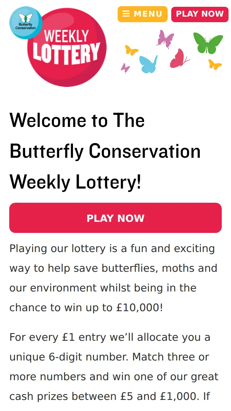 Butterfly Conservation Lottery - homepage (mobile)