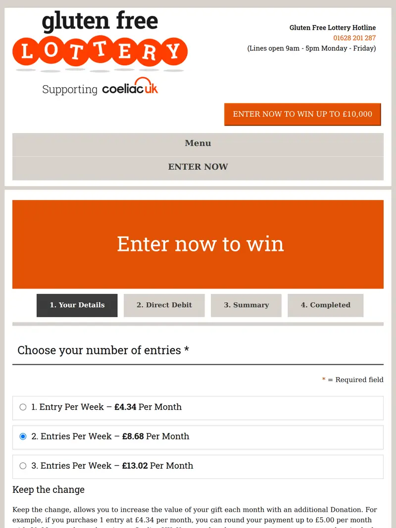 Coeliac Lottery - homepage (tablet)