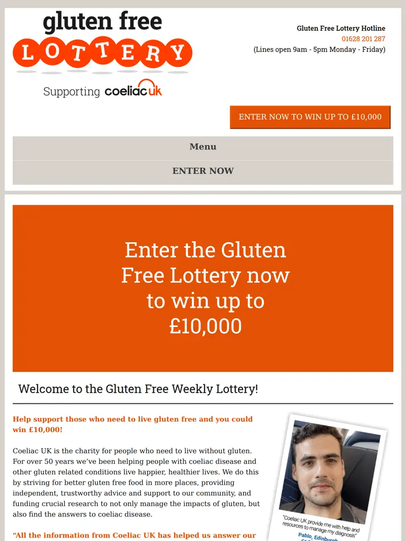 Coeliac Lottery - homepage (tablet)