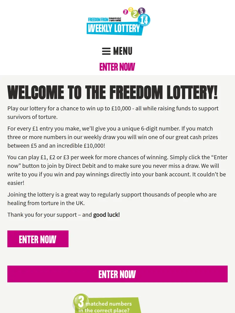 Freedom from Torture Lottery - homepage (tablet)