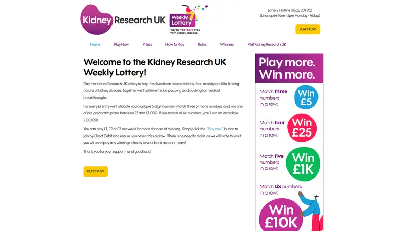 Kidney Research UK Lottery - homepage (desktop)