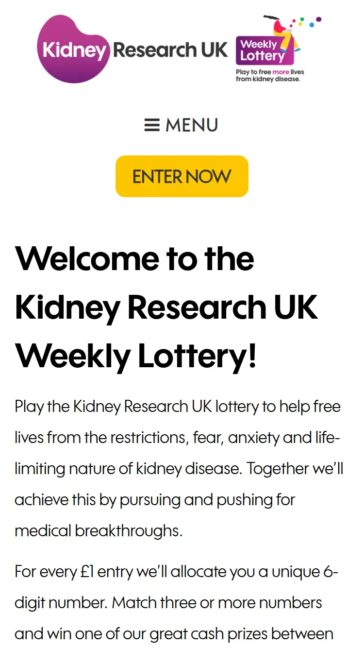 Kidney Research UK Lottery - homepage (mobile)