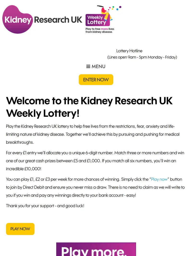 Kidney Research UK Lottery - homepage (tablet)