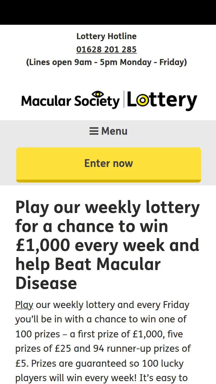 Lottery.macularsociety - homepage (mobile)