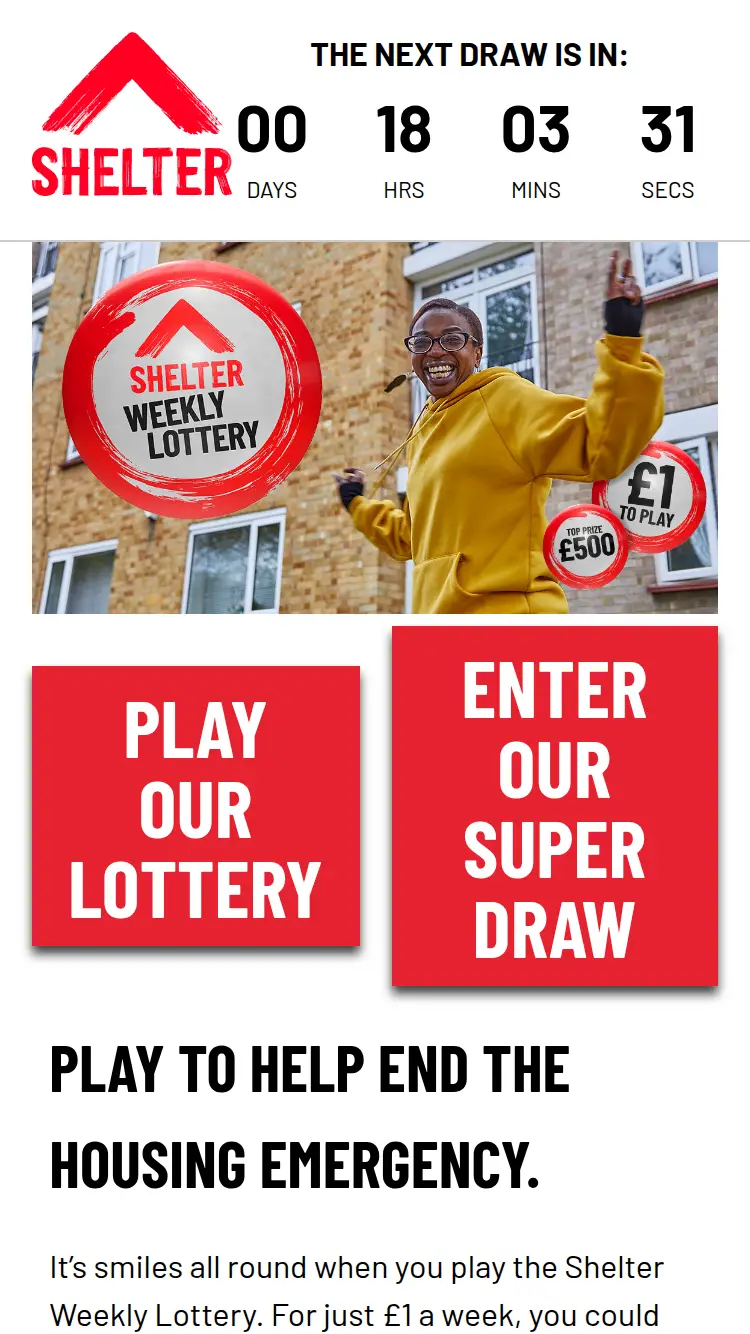 Shelter Lottery - homepage (mobile)