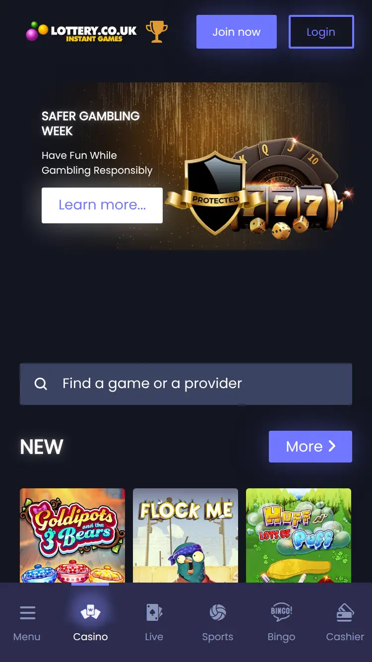Lottery UK Casino - homepage (mobile)