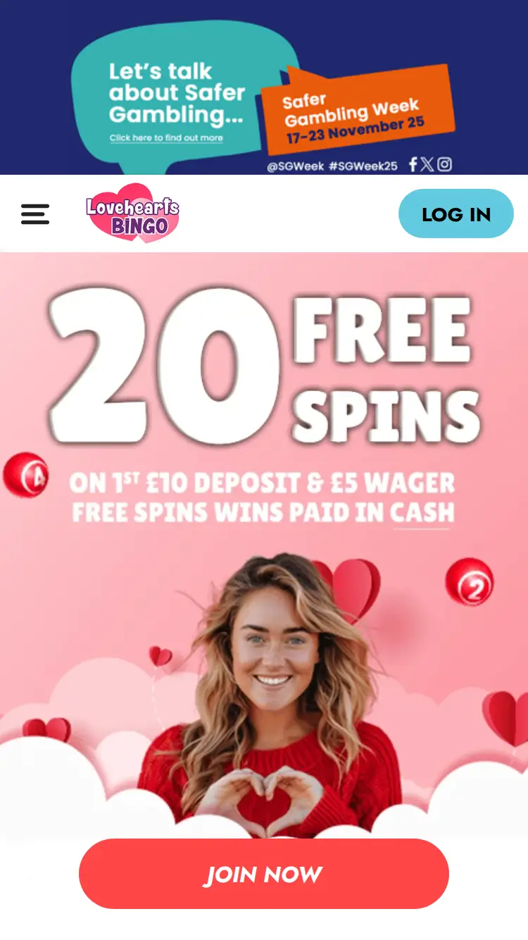 Love Hearts Bingo - homepage (mobile)