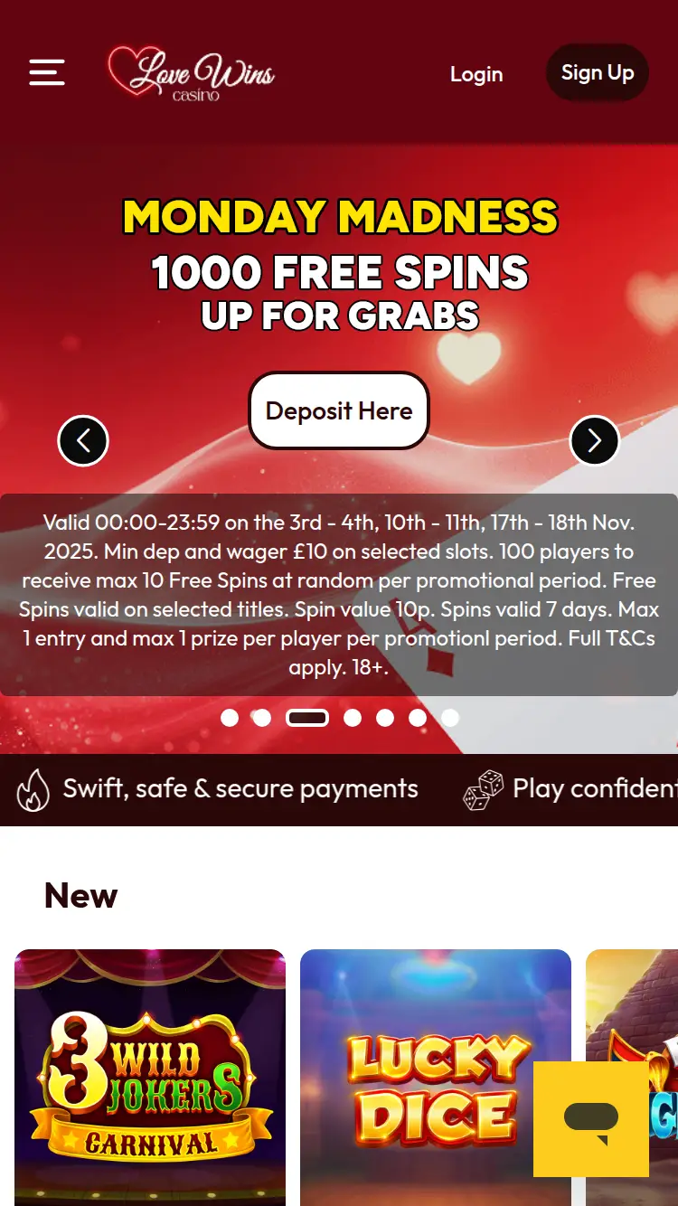 Love Wins Casino - homepage (mobile)
