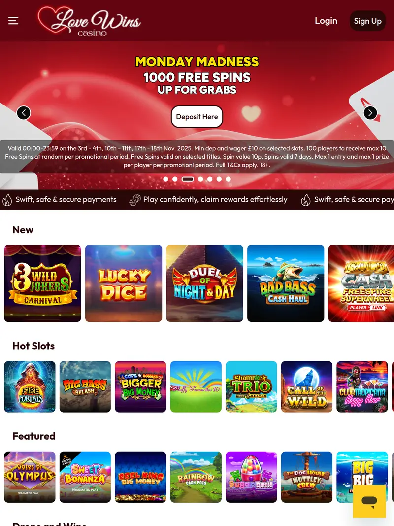 Love Wins Casino - homepage (tablet)