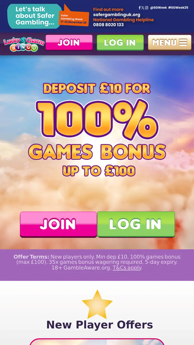 Lucky Charm Bingo - homepage (mobile)