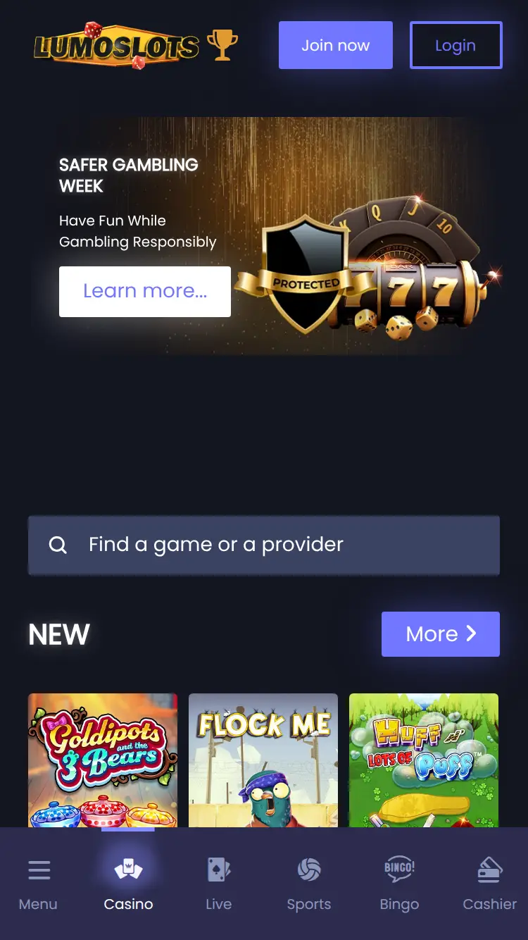 Lumo Slots - homepage (mobile)