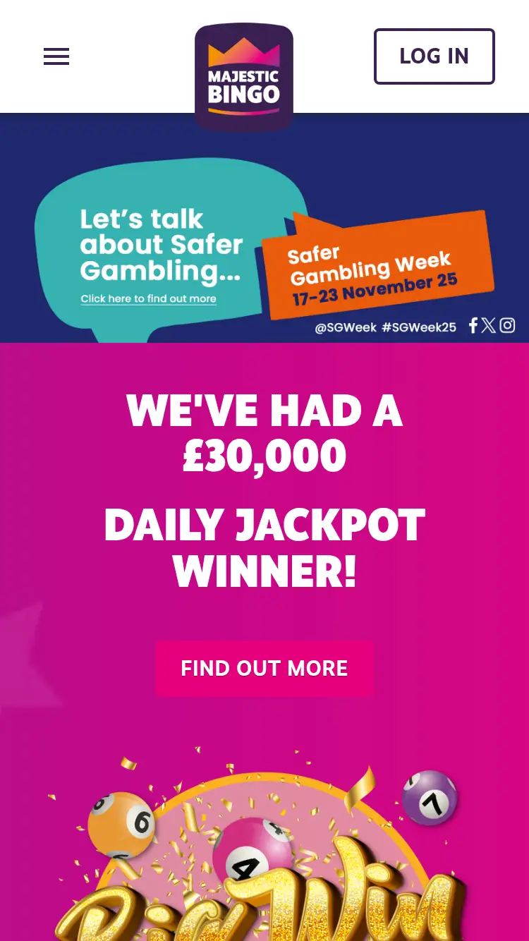 Majestic Bingo - homepage (mobile)