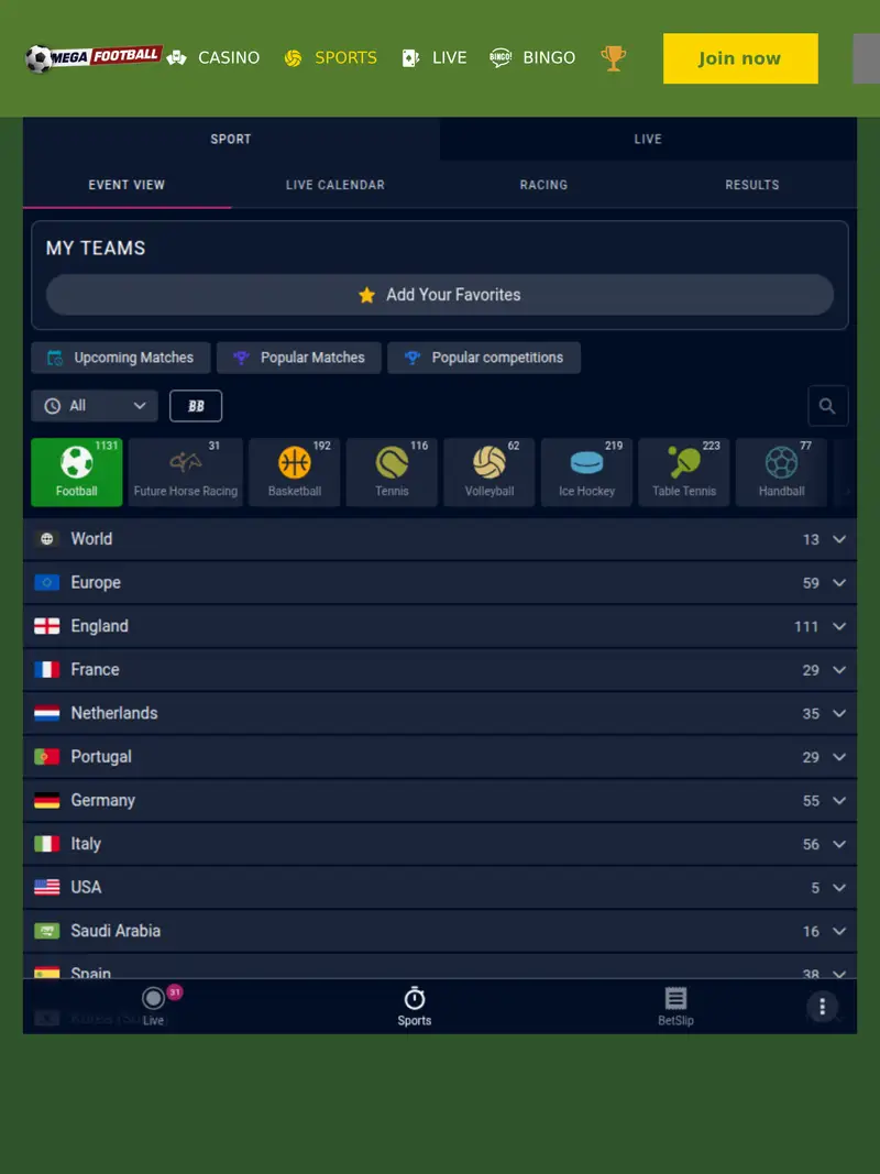 Mega Football - homepage (tablet)