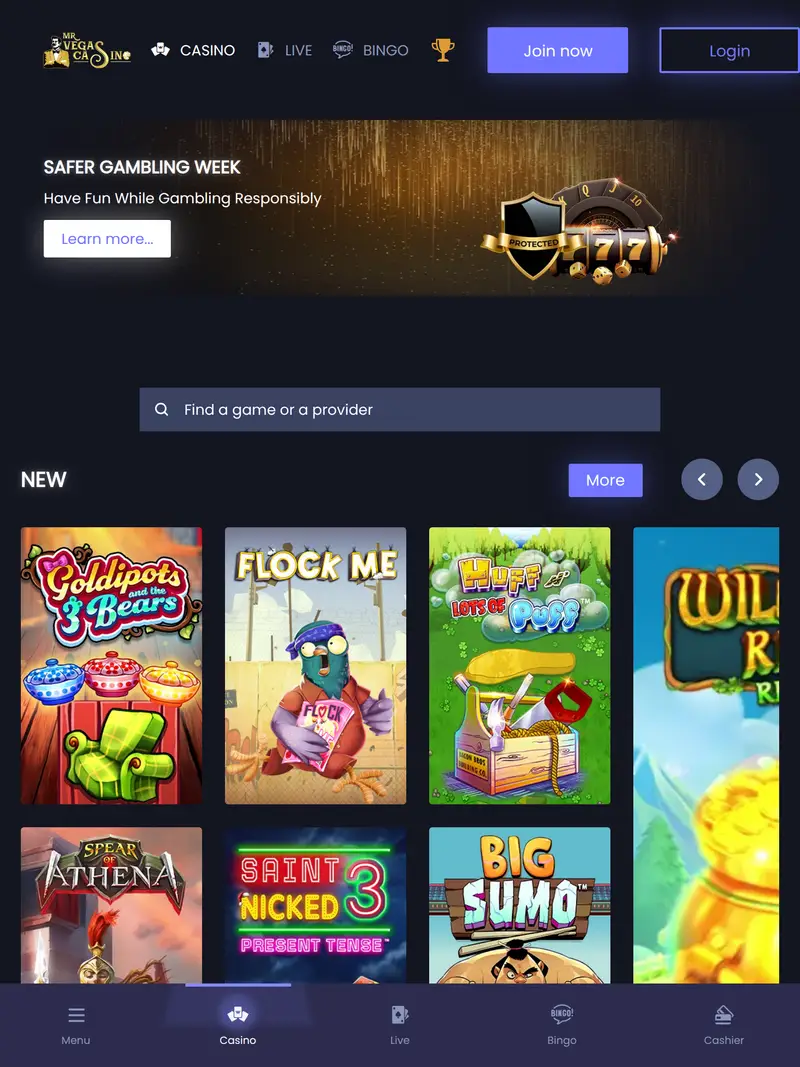 Mr Vegas Casino - homepage (tablet)