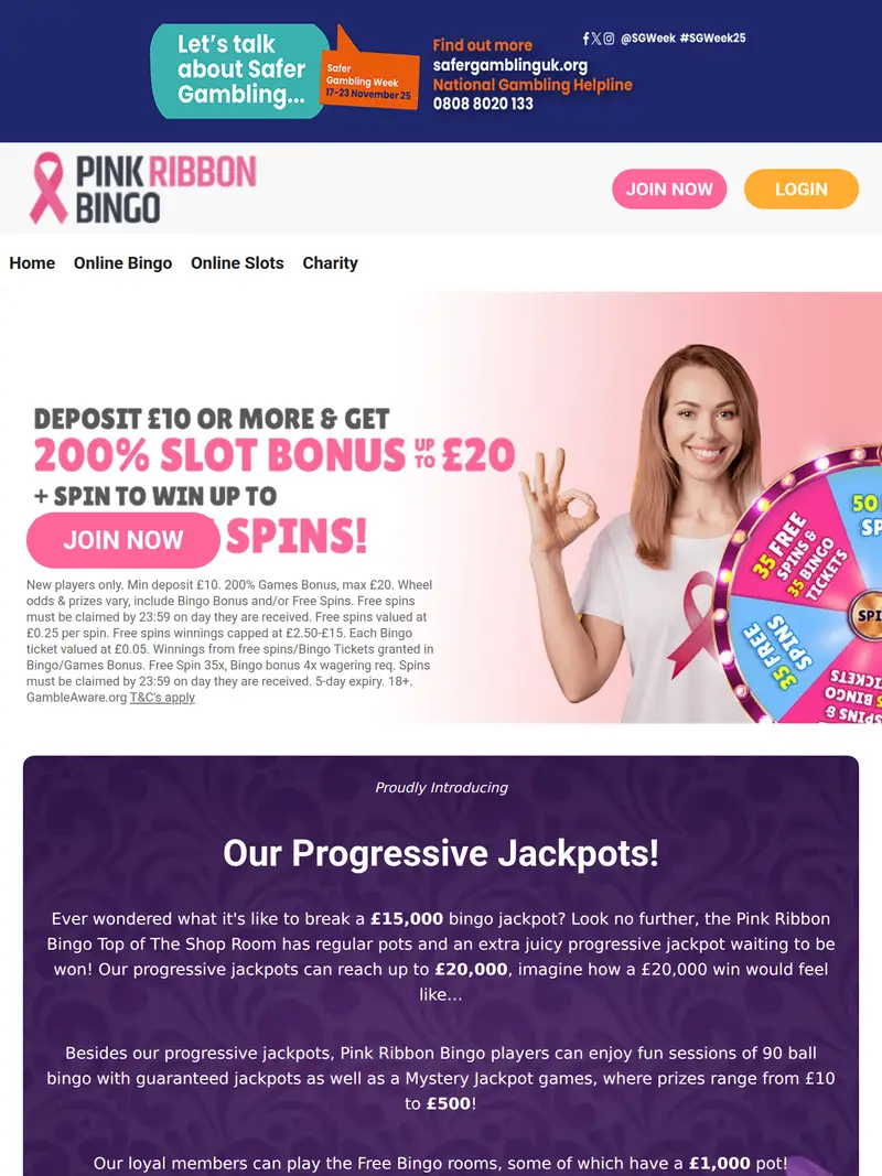 Pink Ribbon Bingo - homepage (tablet)