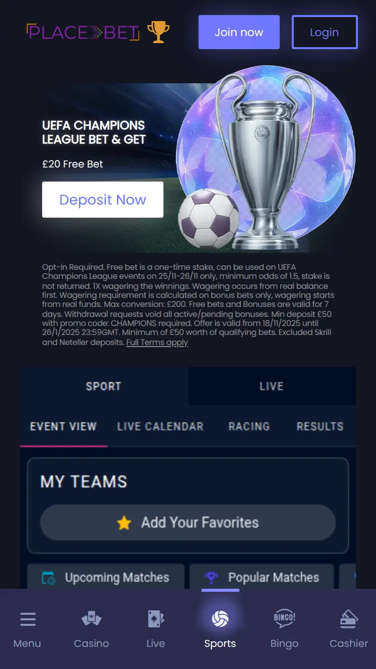 Place Bet - homepage (mobile)