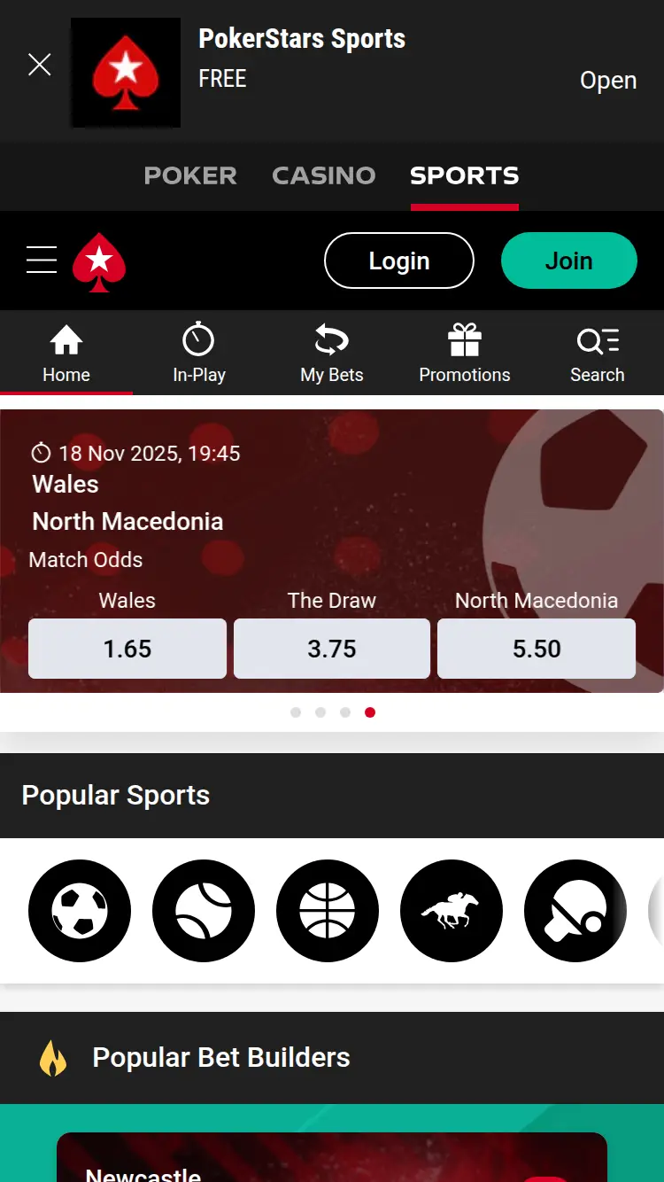 Pokerstars Sports - homepage (mobile)