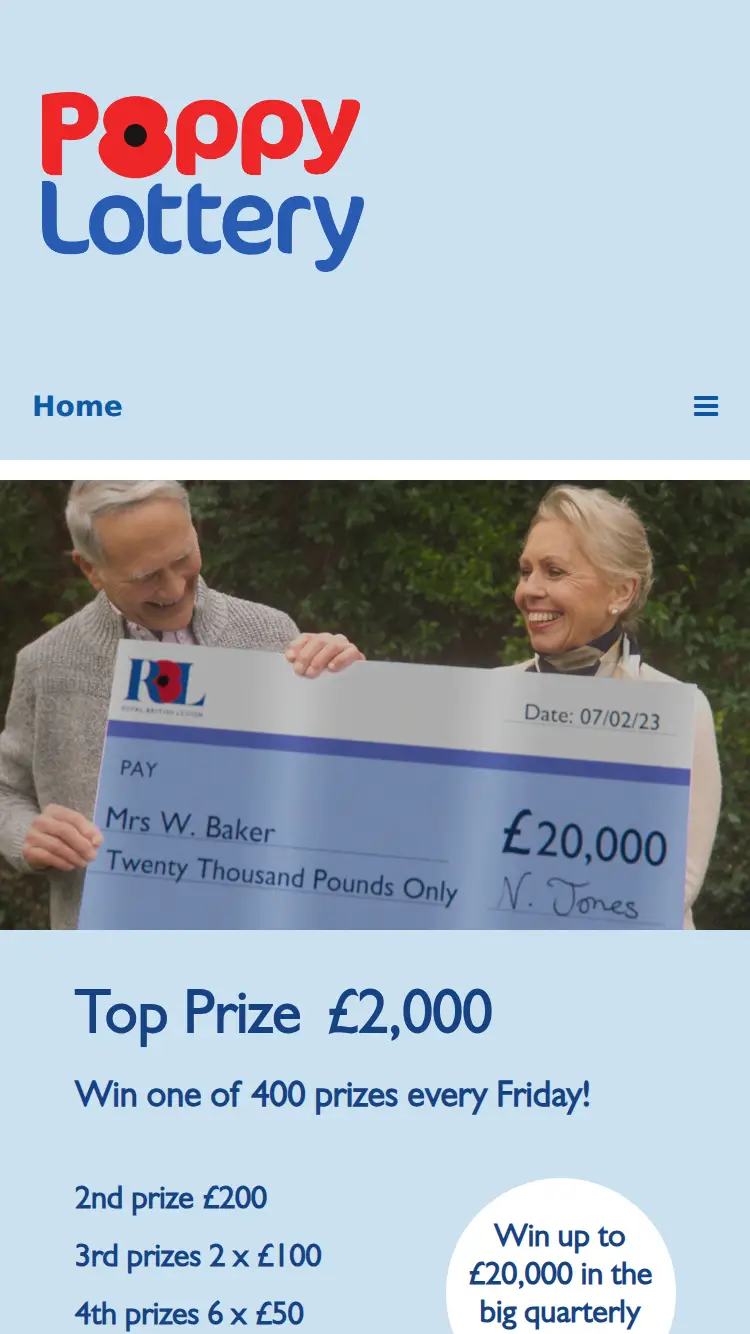 Poppy Lottery - homepage (mobile)