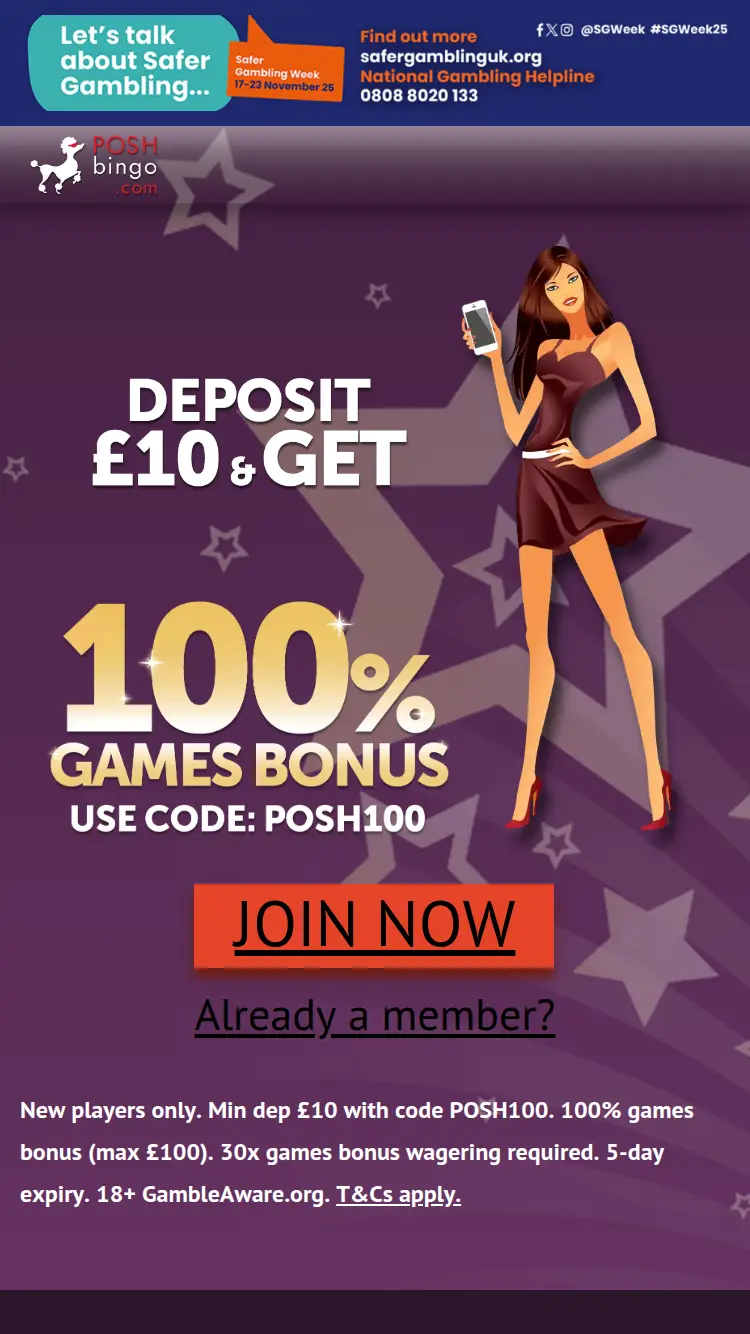 Posh Bingo - homepage (mobile)
