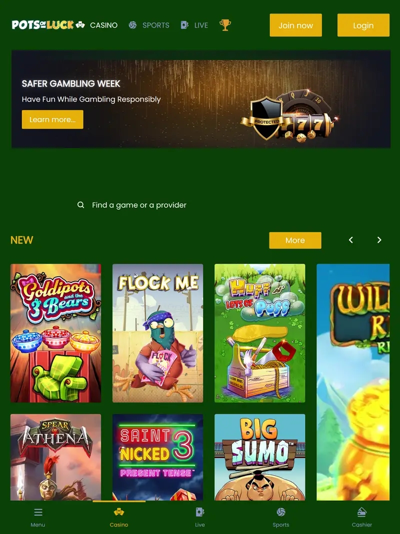 Pots of Luck - homepage (tablet)