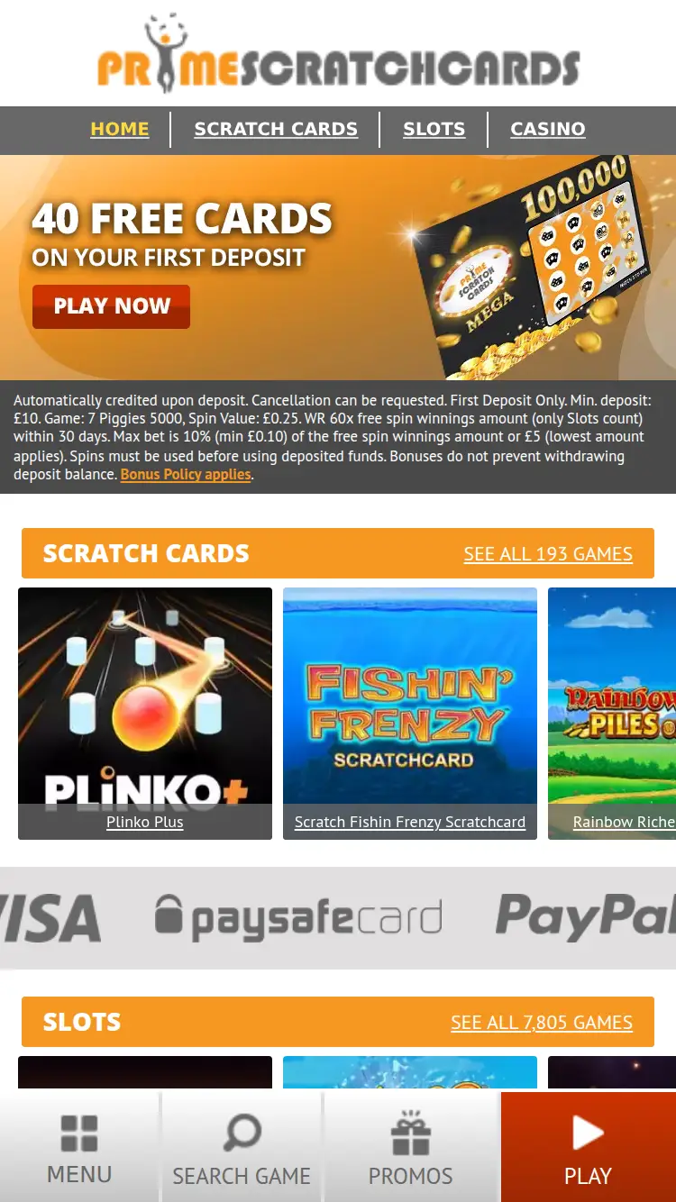 Prime Scratchcards - homepage (mobile)
