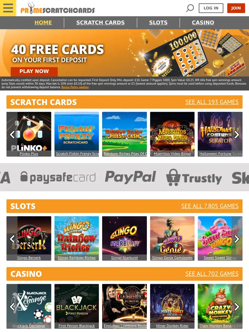 Prime Scratchcards - homepage (tablet)