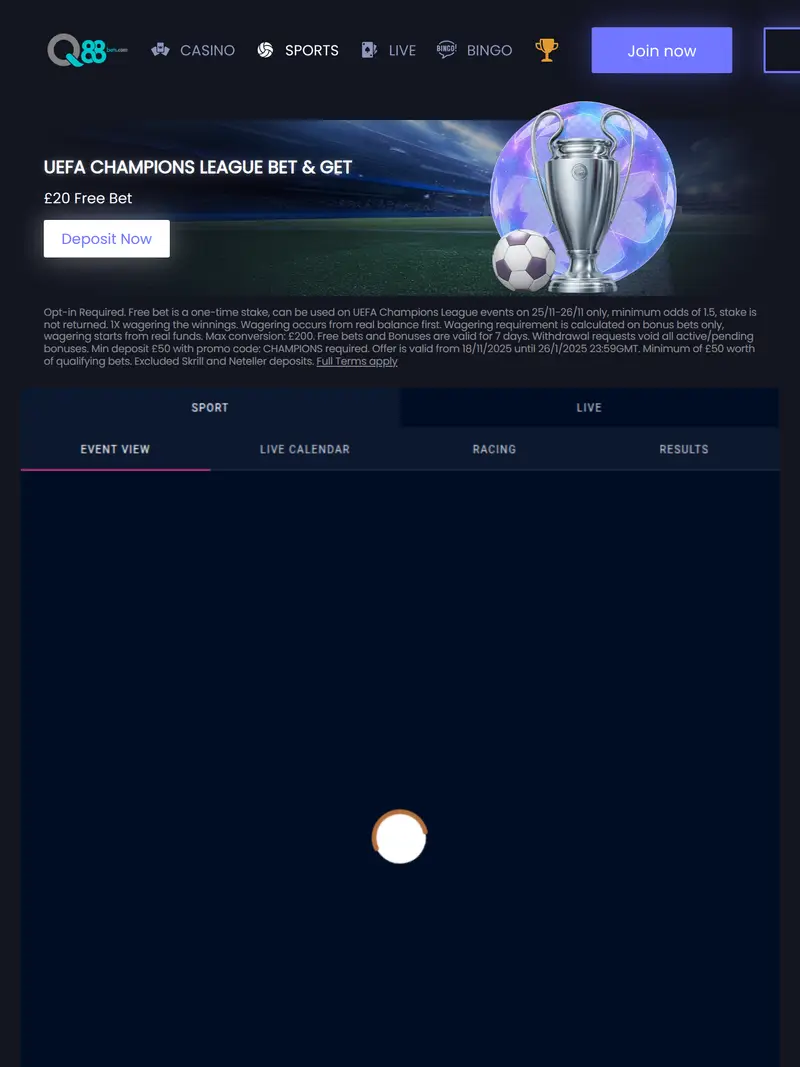 Q88 Bets - homepage (tablet)