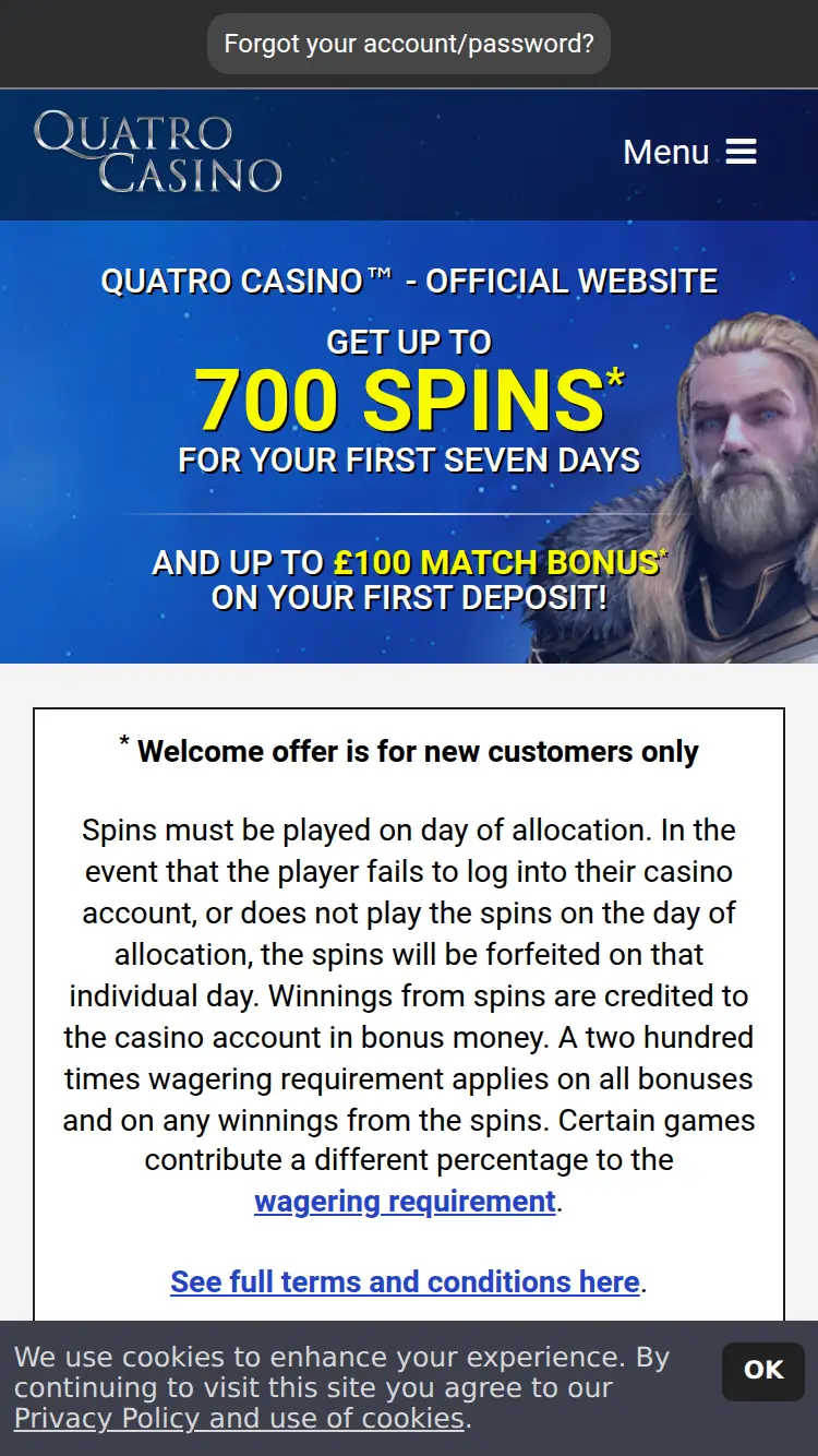 Quatro Casino - homepage (mobile)