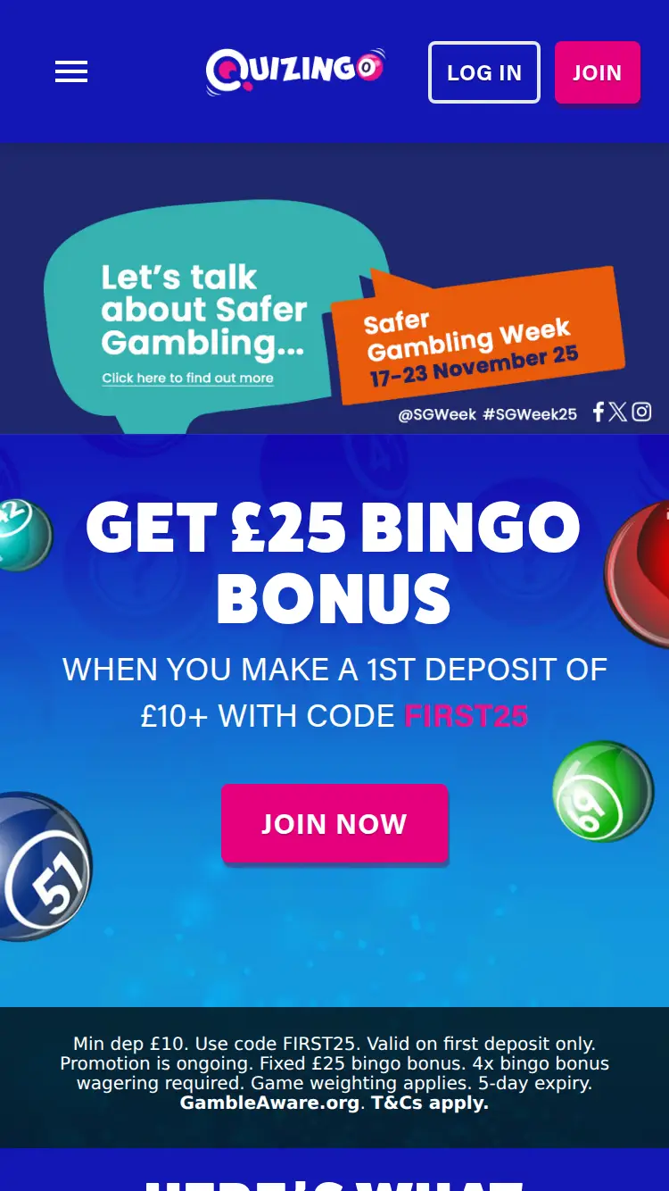 Quiz Bingo - homepage (mobile)