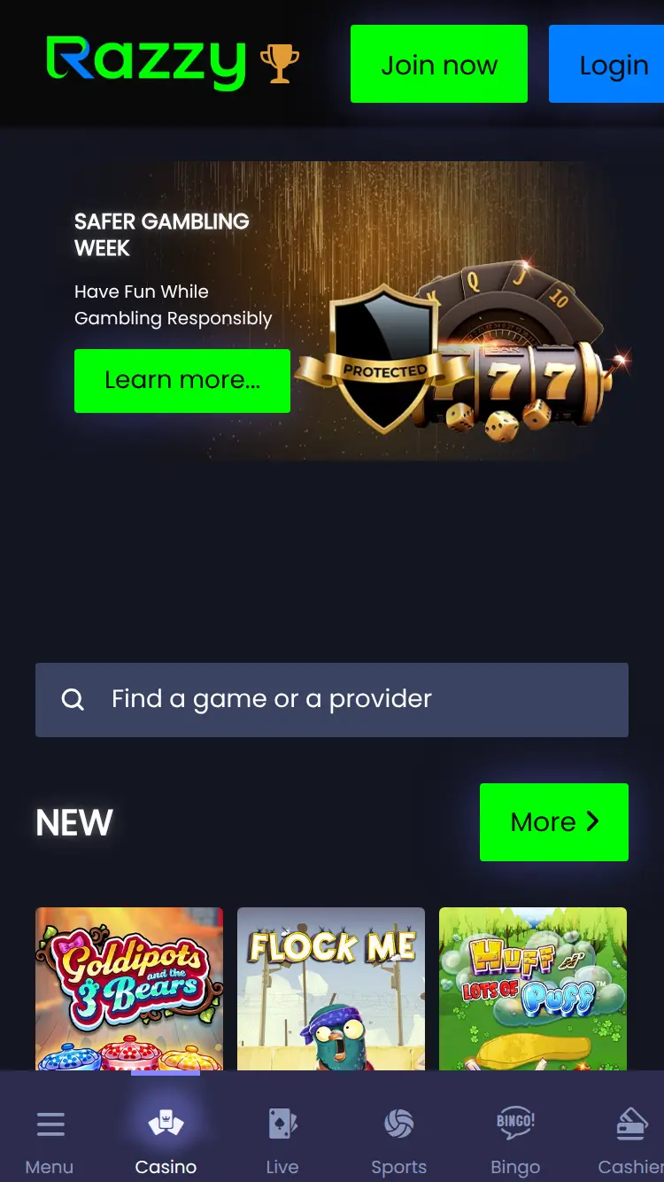 Razzy - homepage (mobile)