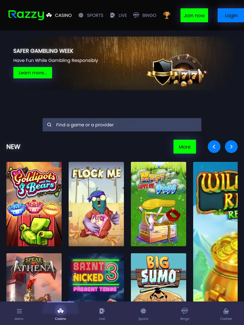 Razzy - homepage (tablet)