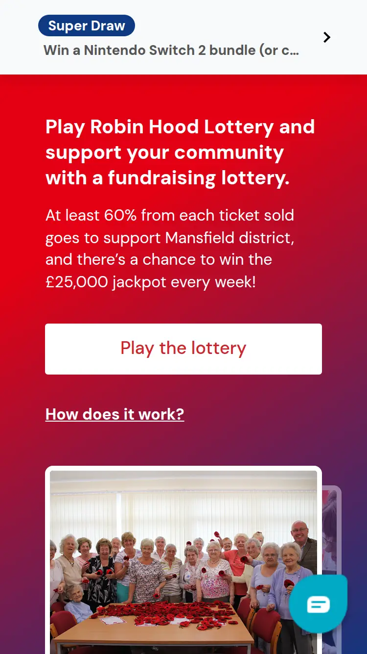 Robin Hood Lottery - homepage (mobile)