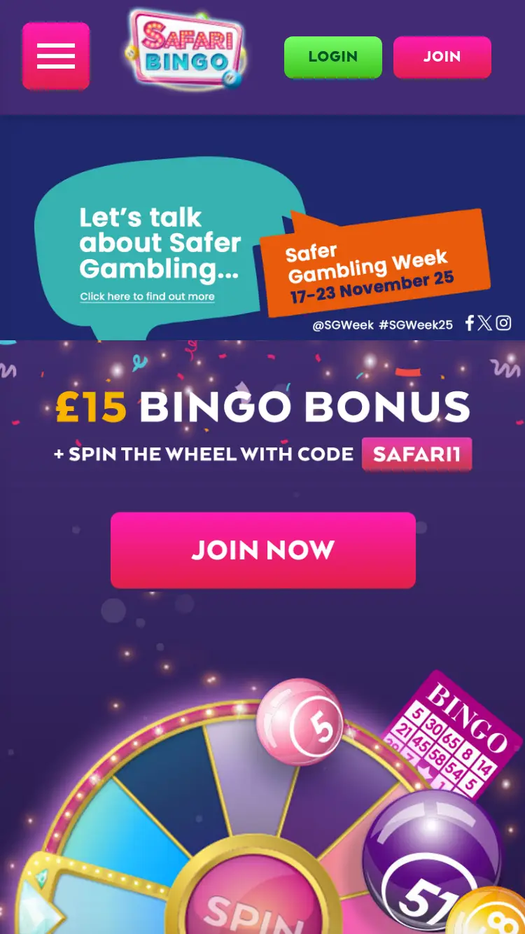 Safari Bingo - homepage (mobile)