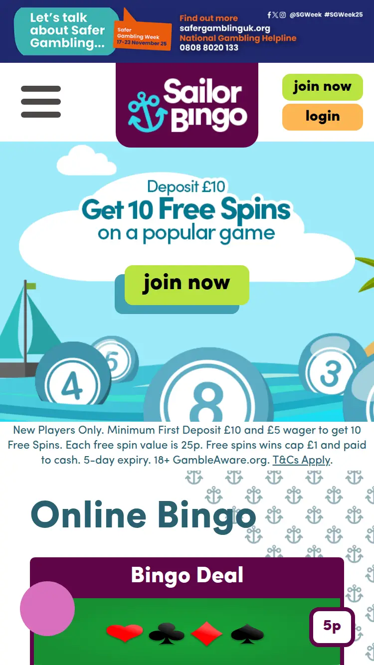 Sailor Bingo - homepage (mobile)