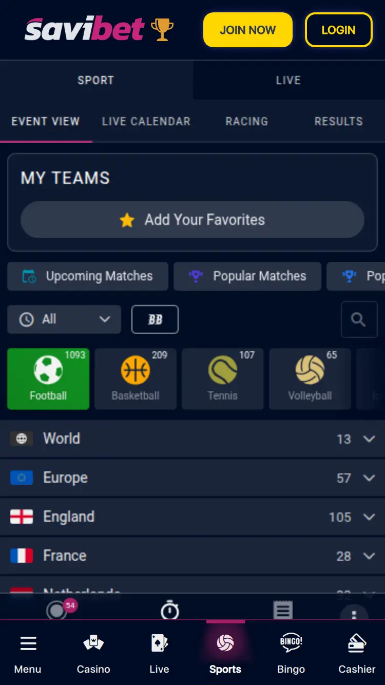 Savi Bet - homepage (mobile)