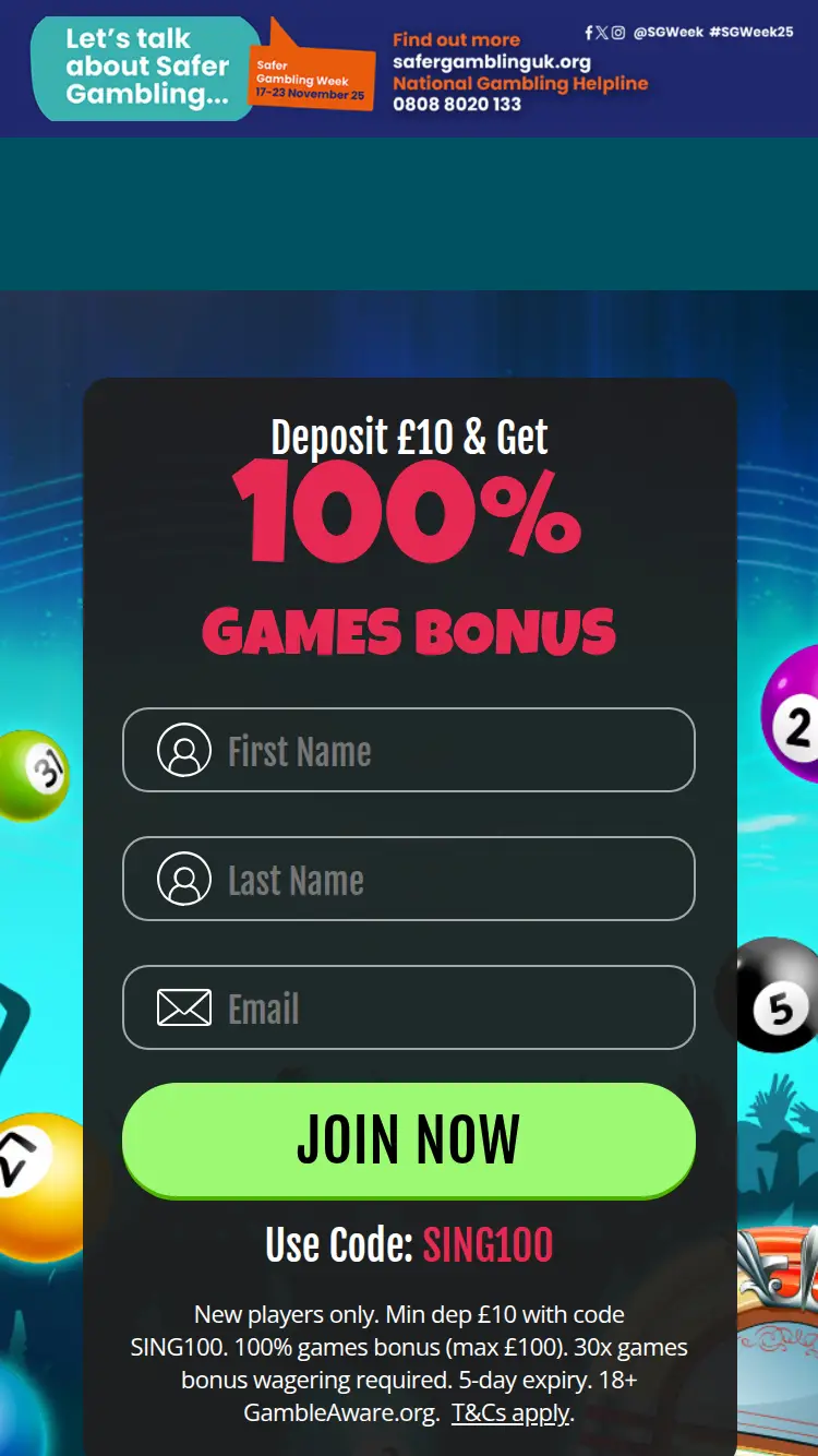 Sing Bingo - homepage (mobile)