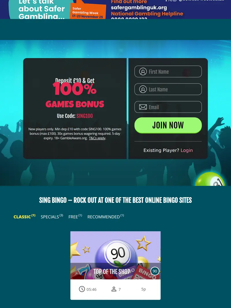 Sing Bingo - homepage (tablet)