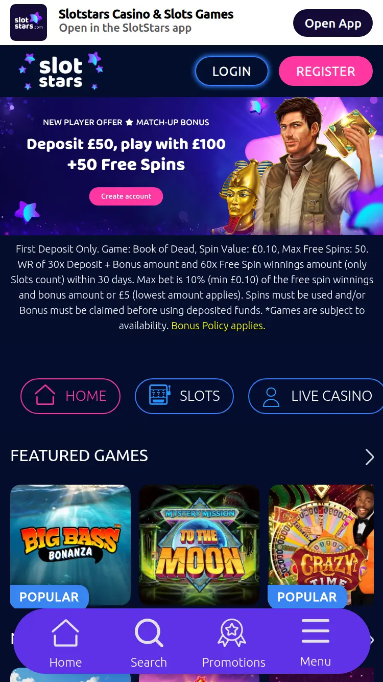 Slot Stars - homepage (mobile)