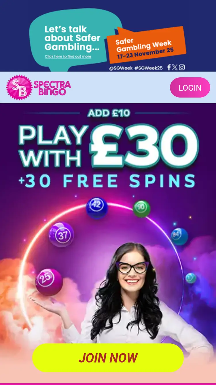 Spectra Bingo - homepage (mobile)