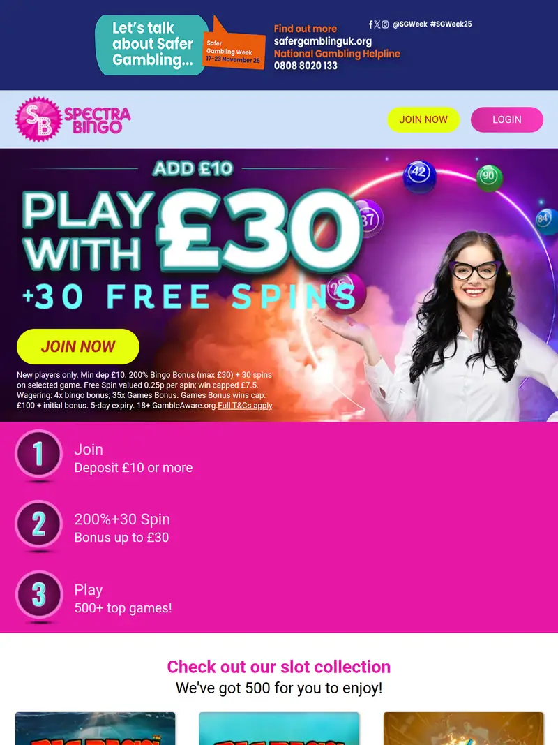 Spectra Bingo - homepage (tablet)