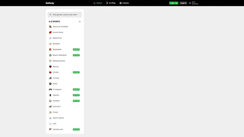 Betway Sports - homepage (desktop)