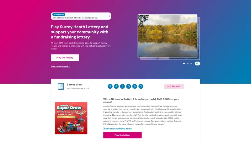 Surrey Heath Lottery - homepage (desktop)