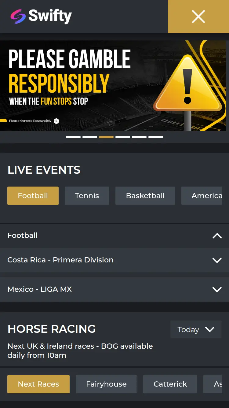 Swifty Sports - homepage (mobile)